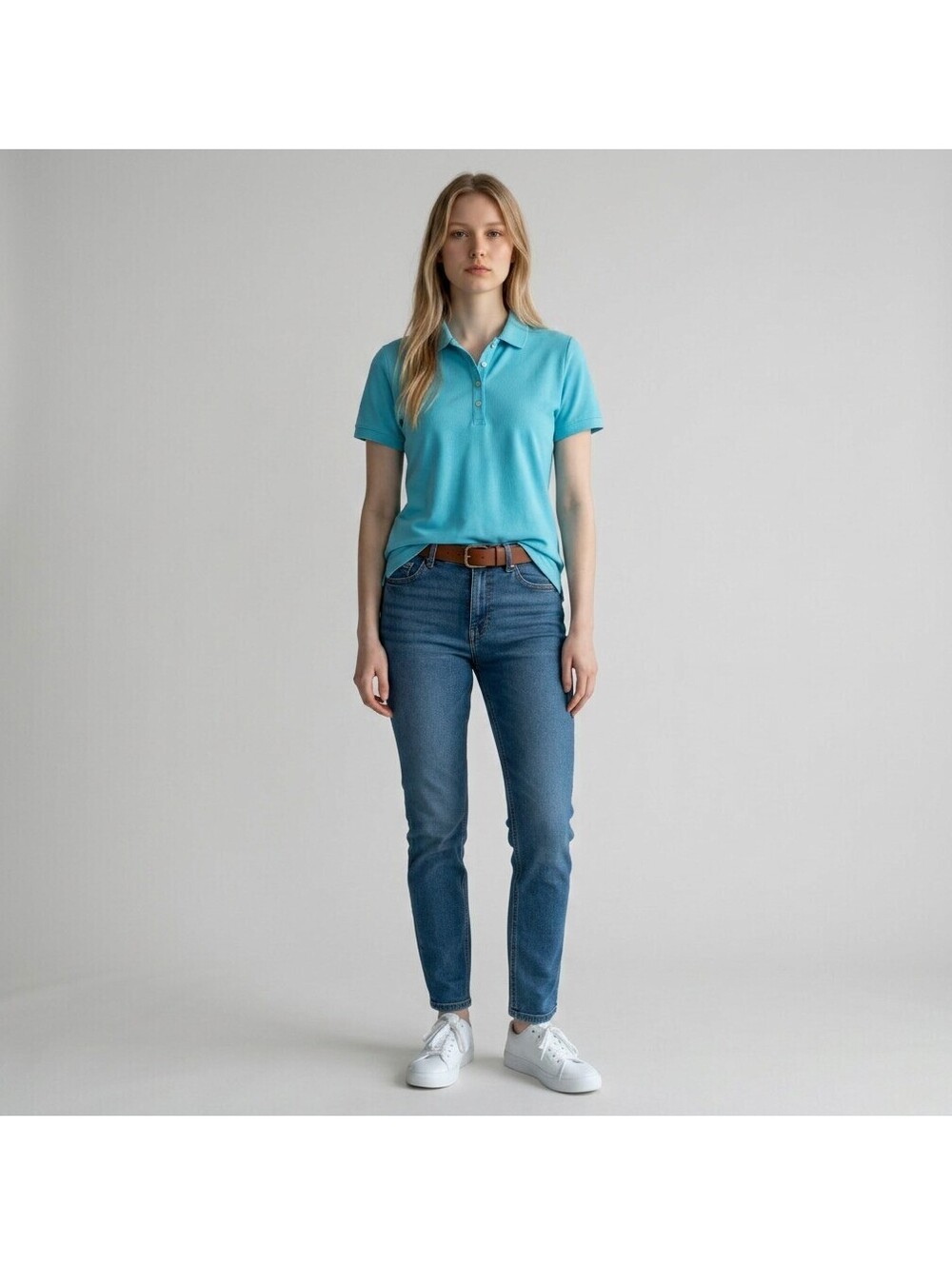 Lands' End Polo Shirt Women L Large Blue Button Collared Short Sleeve Casual